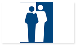  Logoen til Foreningen for Norges døvblinde. Det er bilde av et blått og et hvitt menneske som går inn i hverandre. Bakgrunnen på det blå mennesket er hvitt og bakgrunnen til det hvite mennesket er blått.