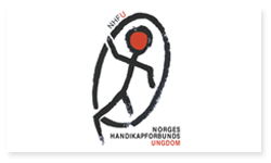 Logoen til Norges Handikapforbunds Ungdom. Logoen er et stekmenneske i bevegelse. Strekmennesket er i svart. Hodet er i rødt. Det er en svart runding rundt strekmennesket. Nederst til høyre står det "Norges Handikapforbunds Ungdom". Det står NHFU øverst til venstre.