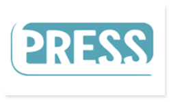 Logoen til PRESS. PRESS er redd barna sin ungdomsorganisasjon. Bokstavene til PRESS står i hvitt. Det er markert med turkis farge over bokstavene.