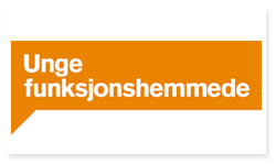 Logoen til Unge funksjonshemmede. Det er en oransje rektangulær boks som ligner en snakkeboble rundt den hvite teksten: Unge funksjonshemmede.