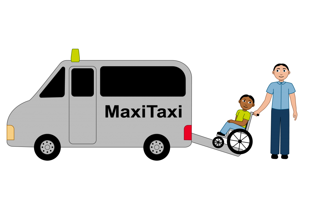 Illustrasjon Det er en MaxiTaxi, en elev og en taxisjåfør i bildet. Eleven sitter i rullestol på rampen som går inn mot taxien. Taxisjåføren holder fast i rullestolen til eleven slik at den ikke tipper bakover.