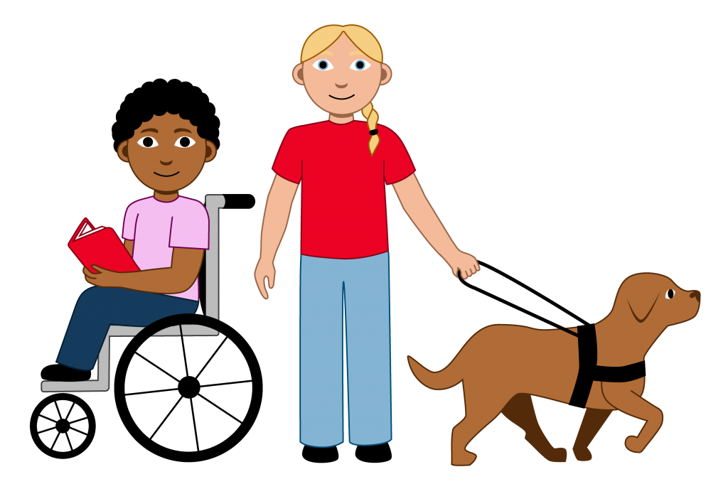 Illustrasjon Det er to elever og en førerhund i bildet. Den ene eleven har kort mørkt hår og sitter i rullestol. Den andre eleven har lyst langt hår og holder i selen til førerhunden.