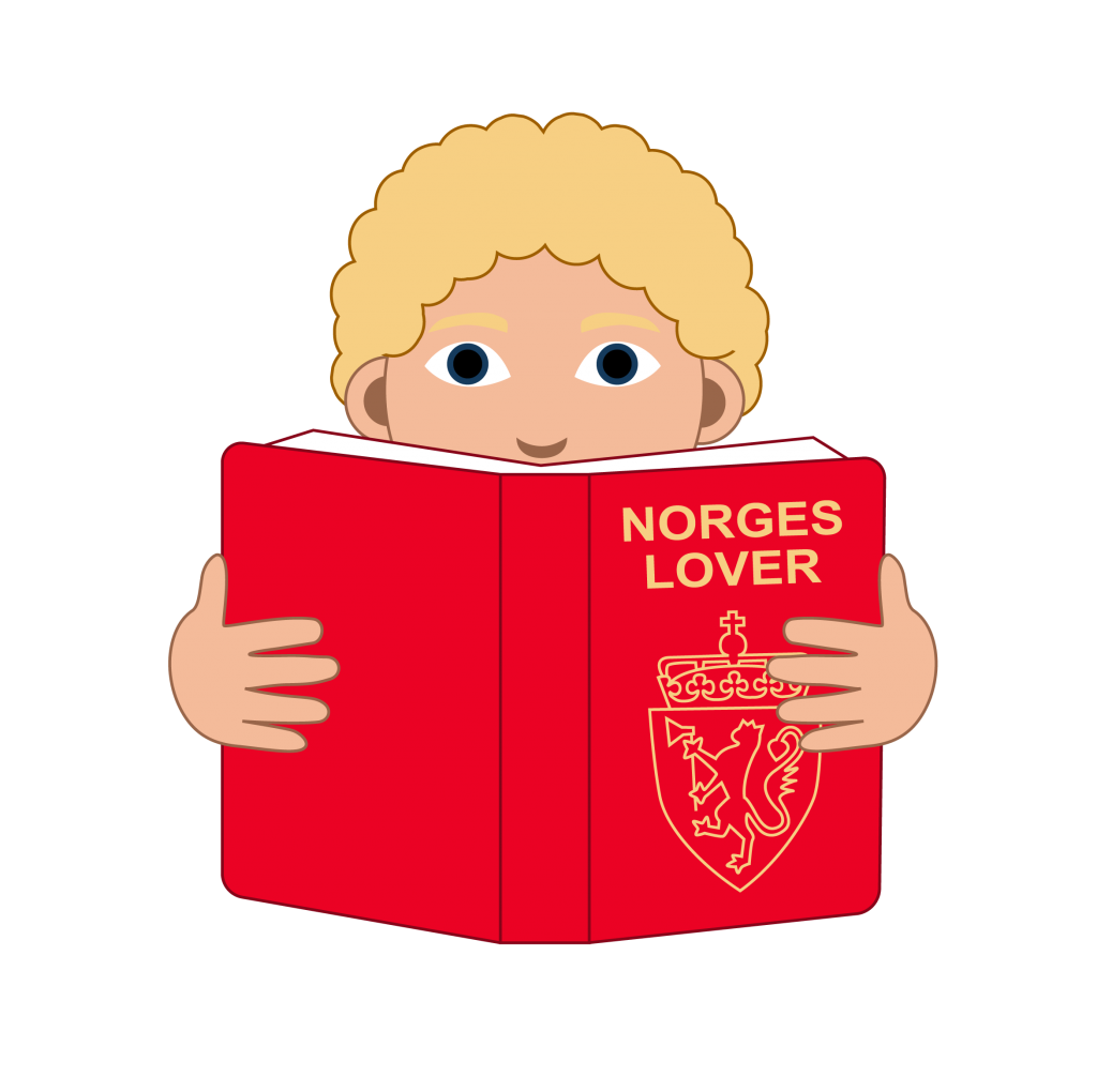 Illustrasjon En elev med lyst og kort hår. Eleven kikker ned i en bok med Norges lover.