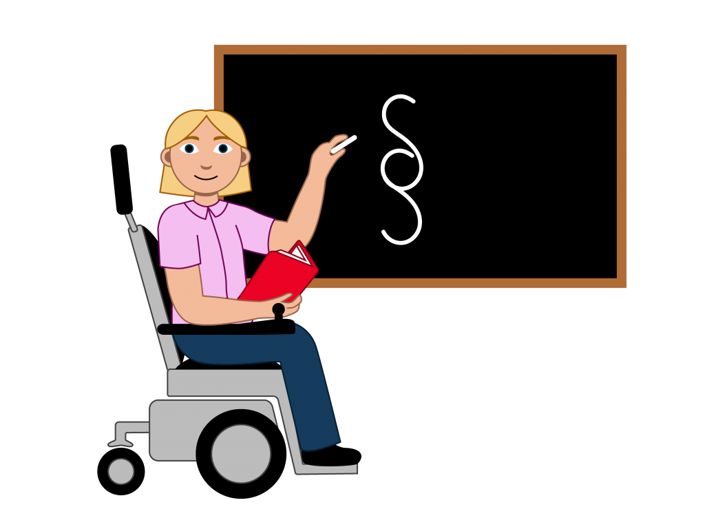Illustrasjon En lærer med lyst langt hår. Læreren sitter i elektrisk rullestol. Hen har en bok i hånden og tegner en paragraf på tavlen med den andre hånden.